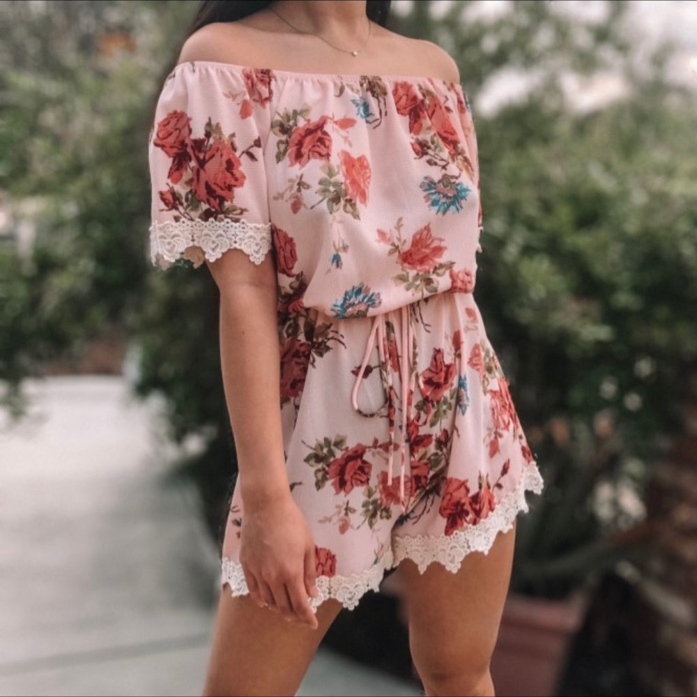 Romper | Pink Floral Lace